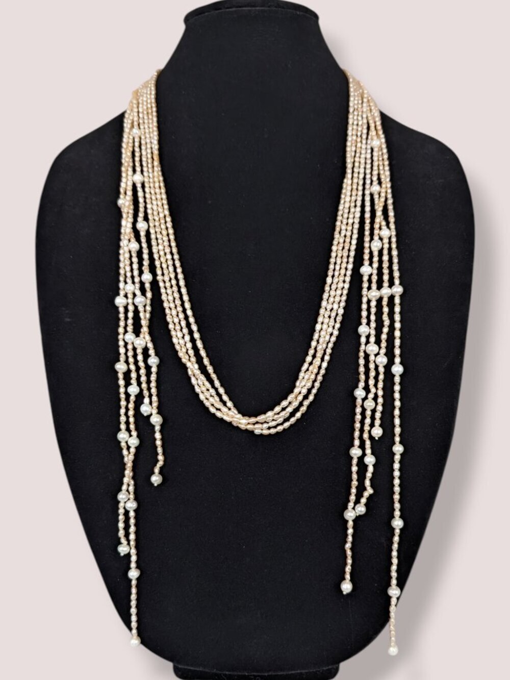 4-Strand Pink & White Pearl Lariat Necklace
